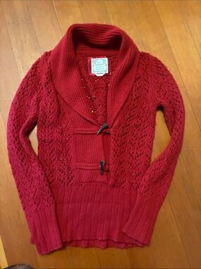 Red Lace-Knit Shawl Collar Toggle Sweater - Women
